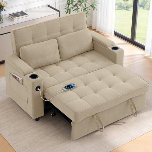 Korser 55.5'' 3-in-1 Convertible Sofa Bed, Pull Out Couch with 5-Position Adjustable Backrest, Loveseat Sleeper Sofa for Small Spaces, Sofa Couch with Cup Holders for Living Room, Office, Chenille - color: Khaki