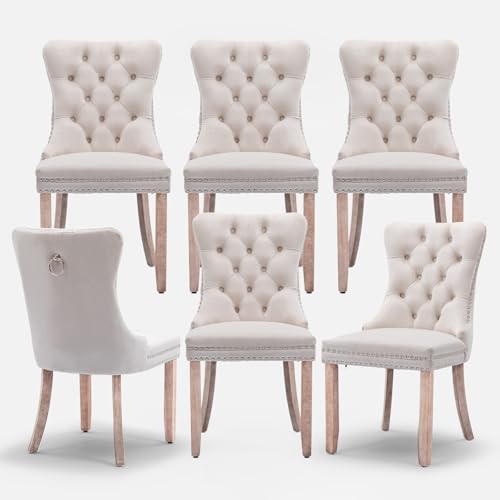 Velvet Upholstered Dining Chairs Set of 6, Modern Style Kitchen Side Chairs with Nailhead Trim and Wood Legs,Metal Pulling Ring for Dining Room Living Room(Beige,Set of 6) - color: Beige, size: Set of 6