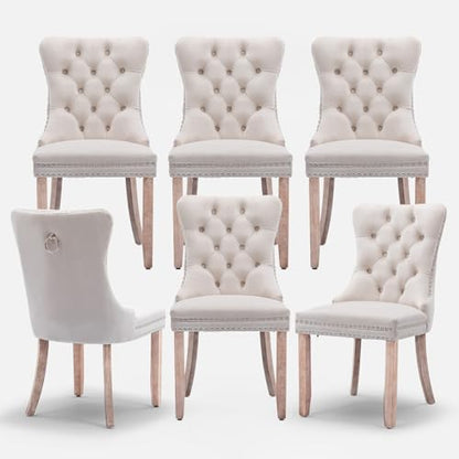 Velvet Upholstered Dining Chairs Set of 6, Modern Style Kitchen Side Chairs with Nailhead Trim and Wood Legs,Metal Pulling Ring for Dining Room Living Room(Beige,Set of 6) - color: Beige, size: Set of 6