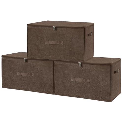 ANMINY Fabric Storage Bins with Zipper Lids, 20"x15"x12", Coffee, 3 PCS | 62.3Qt Cotton Linen Storage Box, PP Board Frame, Washable, Collapsible, with Handles & 3-side Open Lid, Stackable Extra Large - color: Coffee, size: Extra Large (Pack of 3)