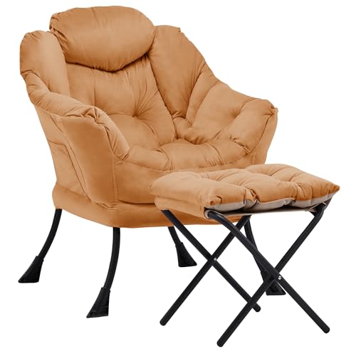 Lazy Chair with Ottoman, Comfy Reading Chair, Orange | Cushioned Seat with Foldable Ottoman and Side Pocket, Lounge Chair for Bedroom, Living Room, Dorm and Small Spaces - color: Orange