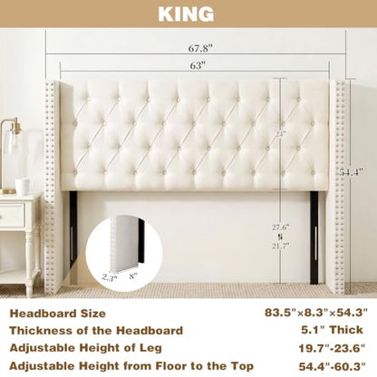 King Size Linen Upholstered Headboard, for the Bedroom Beige | Adjustable-Height Tufted Channel Design Padded Head Board Wingback with Nailhead Trim Luxury Bed Headboard - color: Beige, size: King (U.S. Standard)