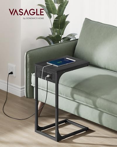 VASAGLE C-Shaped Side Table with Charging Station, 2 USB Ports and Outlets | End Table, C Table for Couch, Sofa, Adjustable Feet, for Bedroom, Living Room, Gray Oak, BARNET Collection ULET362G01 - color: Gray Oak