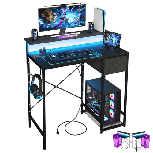 X-cosrack 33.5" Small Gaming Desk with LED Lights & Long Monitor Stand, Compact Computer Desk with Power Outlets & CPU Stand, Gamer Table with Storage Drawer for Home Office, Bedroom Corner, Black - color: Black, size: 33.5" Black with Long Monitor Stand