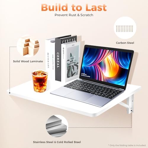 White Solid Wood Wall Mounted Folding Table, 44lbs Load-Bearing Folding Wall Desk with Triangular Bracket 23.6"x15.7" Space-Saving Fold Down Table for Kitchen, Bedroom & Study