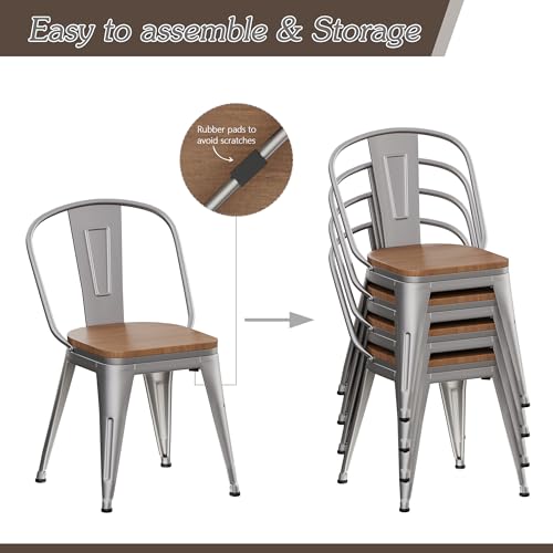Alunaune 18inch Metal Dining Chair Set of 4 High Back Classic Chic Iron Farmhouse Chairs Industrial Stackable Coffee Stools Bistro Cafe Side Barstools Wood Seat-Silver - color: Silver
