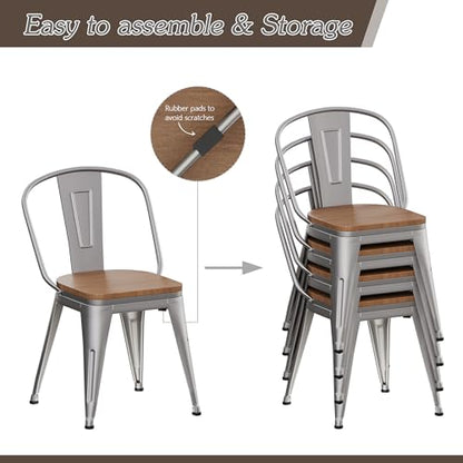 Alunaune 18inch Metal Dining Chair Set of 4 High Back Classic Chic Iron Farmhouse Chairs Industrial Stackable Coffee Stools Bistro Cafe Side Barstools Wood Seat-Silver - color: Silver