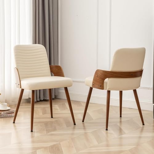 Dining Room Chairs Set of 2,Mid Century Modern Kitchen Chair,Upholstered Faux Leather Accent Chairs,Metal Legs Wooden Desk Chair,Armless and No Wheels for Kitchen Dining,Beige PU - color: Beige Pu, size: Set of 2