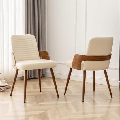 Dining Room Chairs Set of 2,Mid Century Modern Kitchen Chair,Upholstered Faux Leather Accent Chairs,Metal Legs Wooden Desk Chair,Armless and No Wheels for Kitchen Dining,Beige PU - color: Beige Pu, size: Set of 2