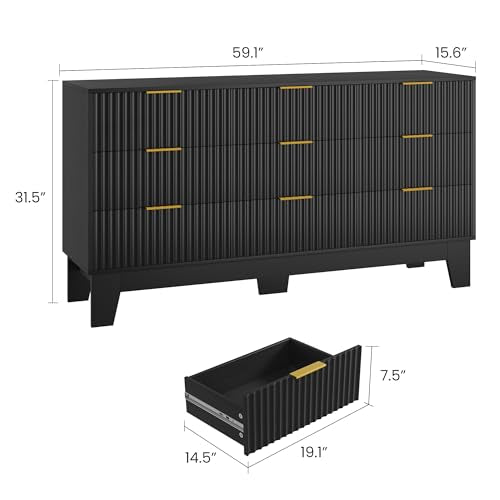 IDEALHOUSE 9 Drawer Dresser for Bedroom, Fluted Dresser for Bedroom | Fluted Door, Sturdy Structure, Easy to Clean - color: Black, size: 59"D x 15.6"W x 31.5"H (9 Drawers)