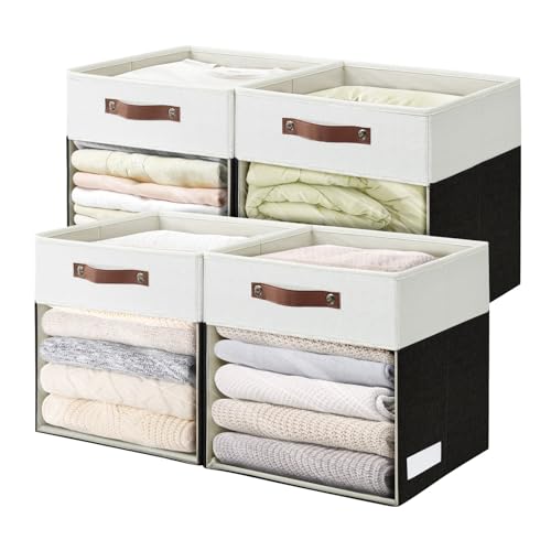 Storage Cubes, 4 Pack Linen Foldable Storage Bins (13 x 13 inch) with Clear Window and Handles, Fabric Organizer for Shelf Closet, Clothes, Books - (Black and White) - color: Black / Off-White, size: 13 x 13 x 13