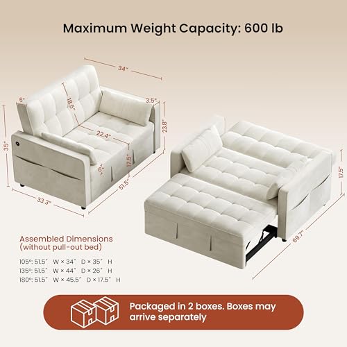 Yaheetech 3 in 1 Sofa Bed Convertible Sleeper Sofa with USB Ports, Beige | Velvet Pull Out Couch Folding Loveseat Sleeper, Armrest Pillows, USB Ports, Side Pockets for Living Room Bedroom Apartment - color: Beige