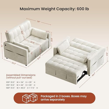 Yaheetech 3 in 1 Sofa Bed Convertible Sleeper Sofa with USB Ports, Beige | Velvet Pull Out Couch Folding Loveseat Sleeper, Armrest Pillows, USB Ports, Side Pockets for Living Room Bedroom Apartment - color: Beige