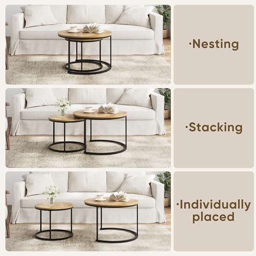 Smuxee Nesting Coffee Table Set of 2, 27.6" Round Coffee Table Wood Grain Top with Adjustable Non-Slip Feet, Industrial End Table Side Tables for Living Room Bedroom Balcony Yard - color: Brown, size: 27.6"W