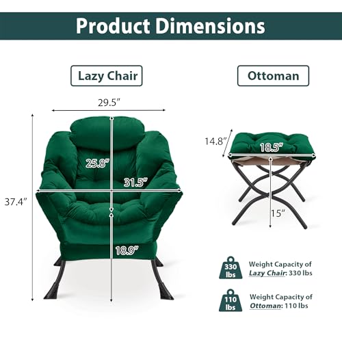 Youtanic Lazy Chair with Folding Ottoman, Accent Chair Velvet Upholstered with Metal Structure and Non-Slip Pads, Sofa Armchair with Footrest and Side Storage Bag for Dorm, Room, Office, Green - color: Green