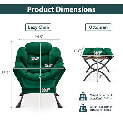 Youtanic Lazy Chair with Folding Ottoman, Accent Chair Velvet Upholstered with Metal Structure and Non-Slip Pads, Sofa Armchair with Footrest and Side Storage Bag for Dorm, Room, Office, Green - color: Green