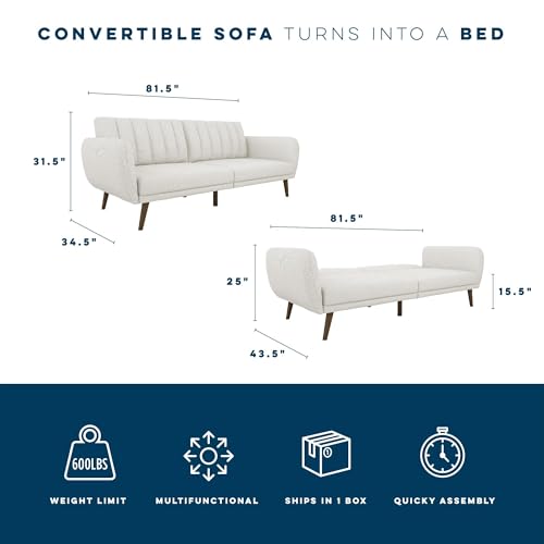 Novogratz Brittany 82 Inch Futon Sofa Bed in Faux Leather, Upholstered Couch Sleeper with Tufted Back, Mid-Century Modern Design, Light Gray - color: Light Gray
