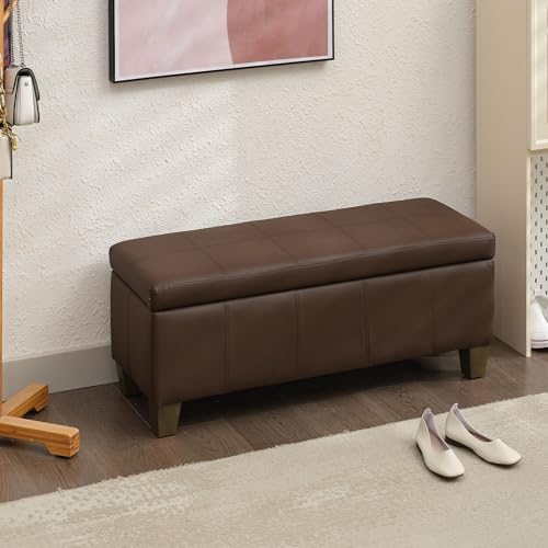 41" Storage Ottoman, Storage Bench with Safety Hinge, Upholstered Synthetic Leather Ottoman Bench for Bedroom, Living Room, Entryway, Hallway, Foot Rest, Support 500lbs, Brown - color: Brown, size: 41 inch