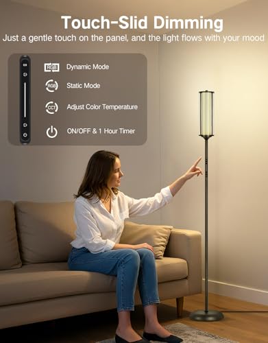 OUTON Bright Smart Floor Lamp with Remote, App & Touch Control, RGB Color Changing Standing Lamp, 2200K-6500K Dimmable, 3 Adjustable Heights, 32 Scenes for Living Room Bedroom Office,Black & Glass - color: Black & Glass Shade