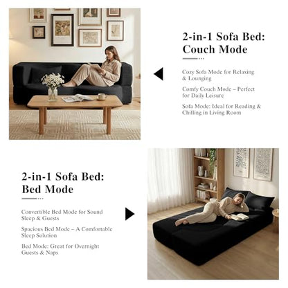 2-in-1 Folding Convertible Sofa Bed - 78 Inch Boneless Loveseat Sleeper, Foldable Floor Futon Couch with Pillow, Pull-Out Modular Matress for Small Spaces (Living Room/Bedroom/Dorm) (Black) - color: Black