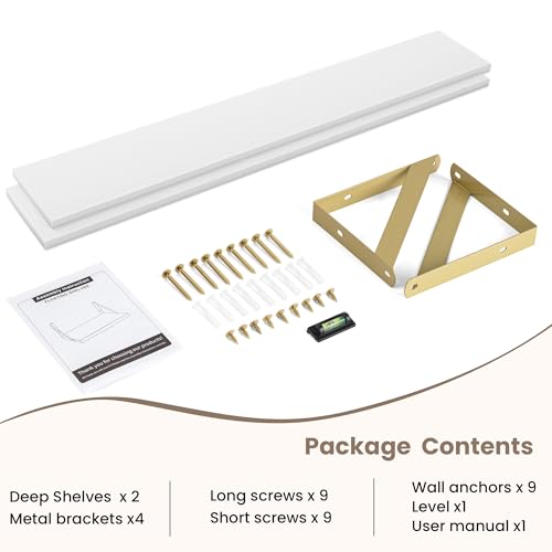 Dreamland Wall Mounted Floating Shelves Set of 2, 48x8, White&Gold | Engineered Wood, Visible Bracket, Large Storage, Hold Up to 70lbs, Living Room, Bathroom, Bedroom, Kitchen - color: White&gold, size: 48"W x 8"D