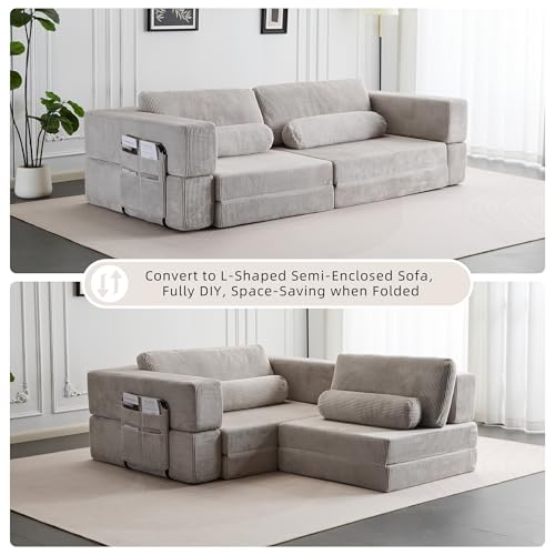 49" Foldable Modular Studio Couch, Space Saver Bed with High Density Foam, Sofa Individual with Creative Shape for Apartment Leisure Scenes, Light Grey - color: Light Grey