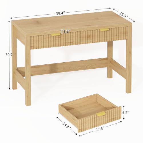 39 Inch Small Fluted Computer Desk with 2 Drawers for Bedroom, Home Office | Small Computer Desk with Storage, Compact Writing Study Desk for Small Spaces, Oak - color: Oak, size: 39-Inch Desk