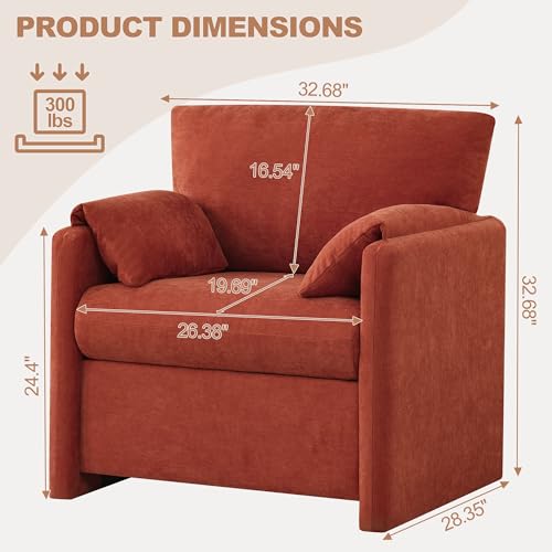 Oversized Accent Chair for Living Room, Large Modern Armchair with Deep Seat, Mid-Century Comfy Reading Chair with Padded Arms, Chenille Single Sofa Chairs for Bedroom, Orange, Regular, 1PC - color: Orange, size: Regular