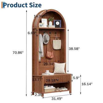70.86-inch Entryway Hall Tree, Farmhouse-Style Wooden Coat Rack Freestanding, Entryway Organizer with Four Hooks, Standing Shoe Rack with Bench for Hallways, Foyers, and Living Rooms, Walnut - color: Walnut