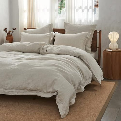 Simple&Opulence 100% Washed Linen Duvet Cover Set with Embroidered,3 Pieces Soft Farmhouse Comforter Set with Button Closure,1 Duvet Cover and 2 Pillowshams(Full,Natural Linen) - color: Embroidery Linen, size: Full