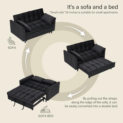 3 in 1 Convertible Sleeper Sofa Bed, Velvet Loveseat Futon Pull-Out Couch with Adjustable Reclining Backrest, Side Pockets and Pillows for Living Room, Bedroom, Apartment, Small Spaces (Black-Velvet) - color: Black-velvet