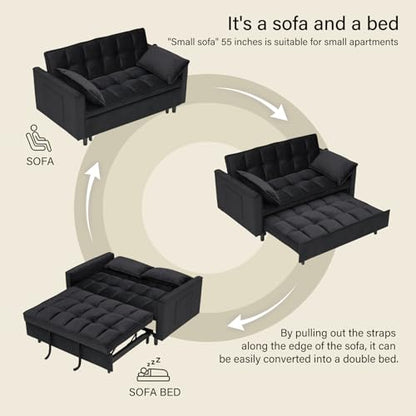3 in 1 Convertible Sleeper Sofa Bed, Velvet Loveseat Futon Pull-Out Couch with Adjustable Reclining Backrest, Side Pockets and Pillows for Living Room, Bedroom, Apartment, Small Spaces (Black-Velvet) - color: Black-velvet