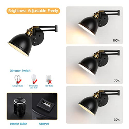Swing Arm Wall Sconces, Plug-in Wall lamp,Bedroom Wall lamp ， White Fabric Shade，，with dimmable Switch and USB Charging Port, Suitable for Bedside, Living Room, Reading (Metallic Black) - color: Metallic black