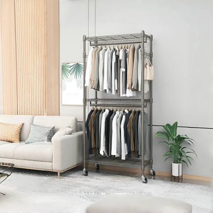 BATHWA Clothes Rack Rolling Narrow 2 tier Garment Rack for Hanging Clothes， Space Saving Portable Clothing Rack with Wheels and Double Rods 8 Hangers, Adjustable, Gray