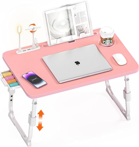 Lap Desk for Bed Adjustable Height with USB Port 23.6" x15.7" Desktop | Storage Drawer, Bookshelf, Fits 17" Laptop, For couch WFH Study, Foldable Non-Slip No Assembly Sturdy Lightweight Pink - color: Pink