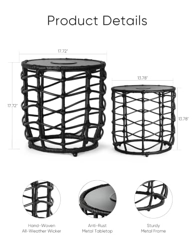 Boho Solar Outdoor Side Table with Built-in Lights Set of 2, All-Weather Wicker Nesting Tables, Round Waterproof Accent End Table Design for Patio, Porch, Garden & Balcony, Black - color: Black