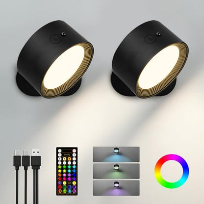LED Wall Mounted Lights, Rechargeable Wall Sconces, 3 Color Temps, Remote & Touch, 360° Rotating and Dimmable for Bedroom, Bedside & Reading (Black-RGB, 2 Pack) - color: Black-RGB