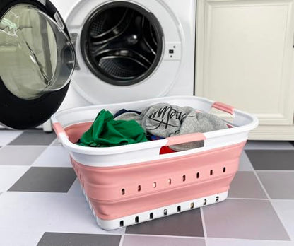 SAMMART 42L (11 gallon) Collapsible Plastic Laundry Basket - Foldable Pop Up Storage Container/Organizer - Space Saving Hamper/Basket (1, White/Quartz Pink) - color: White/Quartz Pink