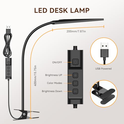 Clip on Desk Lamp, Flexible Reading Light | 5W LED Book Light, 3 Color & 6 Brightness Levels, USB Powered Adjustable Neck Lamp for Desk, Bedside, Study, Office - color: Dark Black