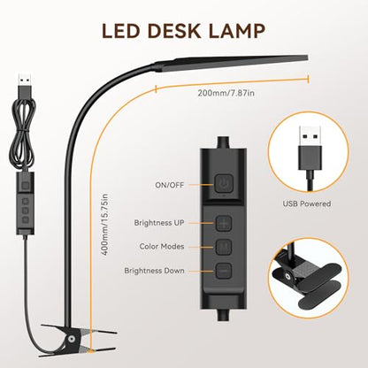 Clip on Desk Lamp, Flexible Reading Light | 5W LED Book Light, 3 Color & 6 Brightness Levels, USB Powered Adjustable Neck Lamp for Desk, Bedside, Study, Office - color: Dark Black
