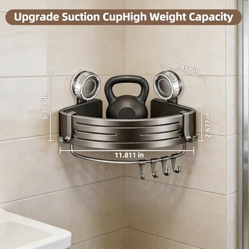 Suction Cup Corner Shower Caddy, No Drill, 1 Tier, Gray | Aluminum, With Hooks, Floating Rack for Inside, Bathroom Wall Shelf Organizer - style: Suction Cup Corner Shower Caddy ,1 Tier ,Gray