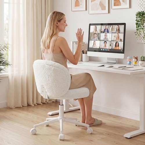 Homkdom Round Vanity Chair with Silent Wheels, 17.32" Wide Seat | Height Adjustable, 360 Swivel & Smooth Rolling, Armless Design for Makeup and Study - White - color: White