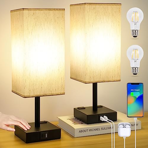 Bedside Table Lamps Set of 2 - Touch Nightstand Lamp for Bedroom with USB C+A Charging Ports & AC Outlets, 3-Way Dimmable Desk Lamp Flaxen Fabric Shade for Living Room Office(Bulb Included) - color: Flaxen