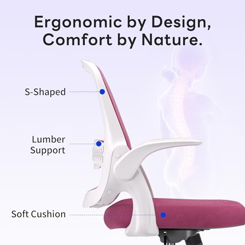 amseatec Ergonomic Mesh Desk Chair with Flip-Up Arms, Supports 300 lbs | Aerospace-grade frame, Mesh & 3" foam seat. 90-110° rocking, height adjustable, 360° swivel. - color: Pink