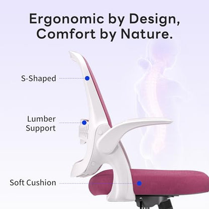 amseatec Ergonomic Mesh Desk Chair with Flip-Up Arms, Supports 300 lbs | Aerospace-grade frame, Mesh & 3" foam seat. 90-110° rocking, height adjustable, 360° swivel. - color: Pink