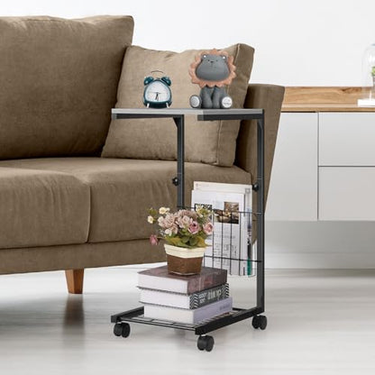 C Shaped End Table Small Couch Side Table with Metal Frame Slide Under Couch Table for Sofa Adjustable Height C Table for Living Room Bedroom Small Spaces, Grey - color: Grey