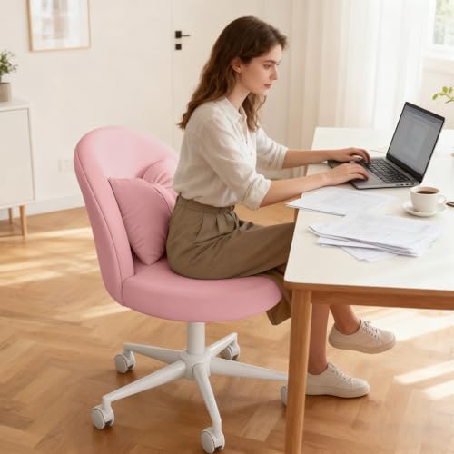 Desk Chair with Soft Cushion, Adjustable Height Armless Office Chair Upholstered Makeup Vanity Chair, Swivel Accent Chair for Living Room, Bedroom, Study, Home Office - color: Solid Pink
