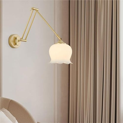 Gold Long Swing arm Iron Wall lamp Background Flower-Shaped Glass Bedside Decorative with E27 Base Suitable for Living Room, Dining, loft and Kitchen Oldsix-66