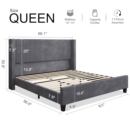 Queen Size Bed Frame with 50.8 Inch Corduroy Wingback Headboard, Gray | Modern Upholstered Platform Bed, Solid Wood Slats, No Box Spring Needed, Noise-Reducing Design - color: Grey, size: Queen