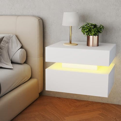 Floating Nightstand Set of 2,Modern Bedside Tables with LED Light for Bedroom,Small Night Stands with Drawers, Wall Mounted End SideTables Set for Living Room - color: White